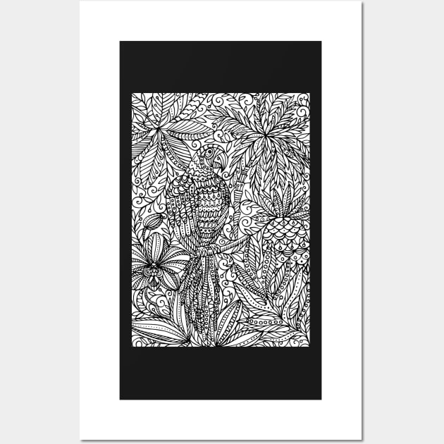 Tropical Parrot - black and white Wall Art by olgart